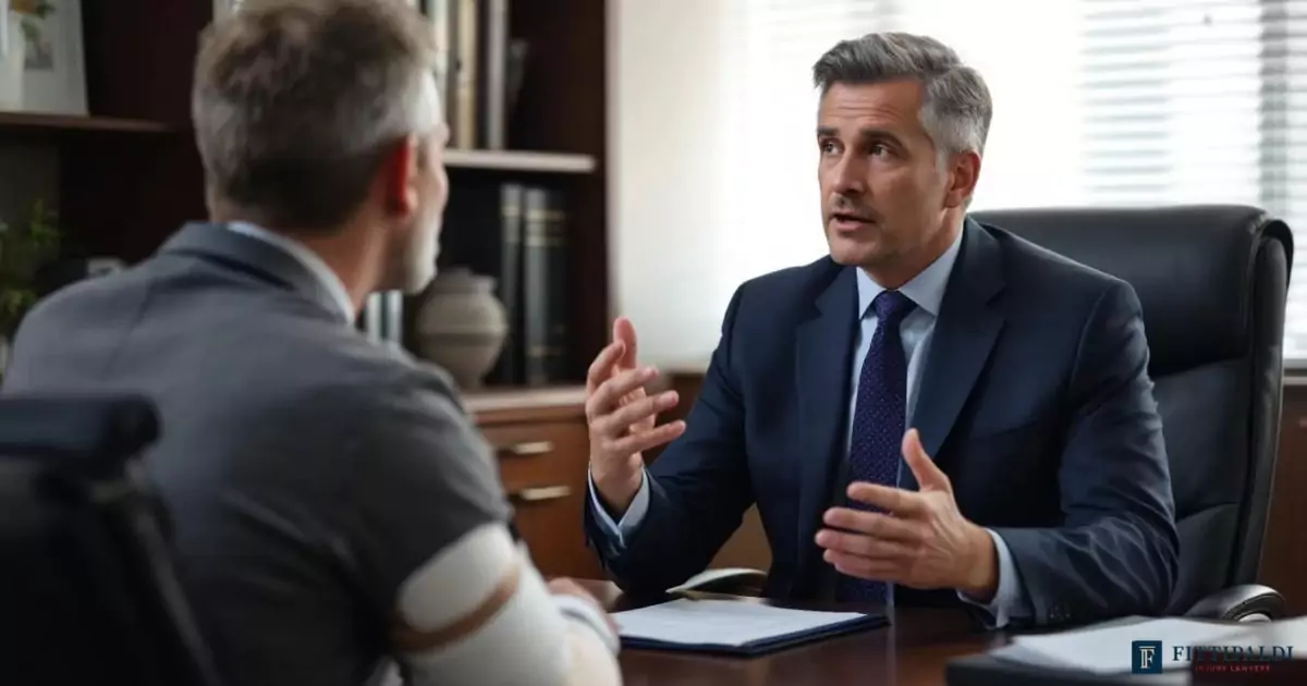 A lawyer is seated across from an injured client, discussing the legal rights and options available after a car accident.