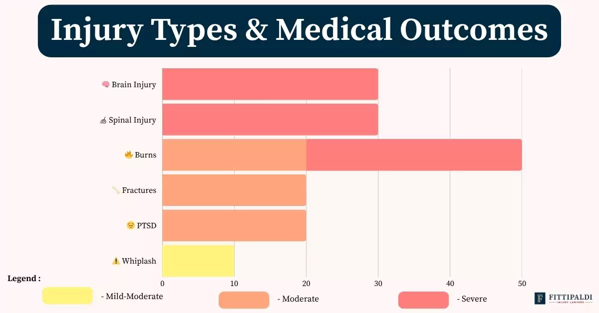 Infographic comparing car accident injuries like brain and spinal trauma with severity levels