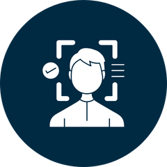 Person icon with focus frame and checkmark representing verified results and credibility