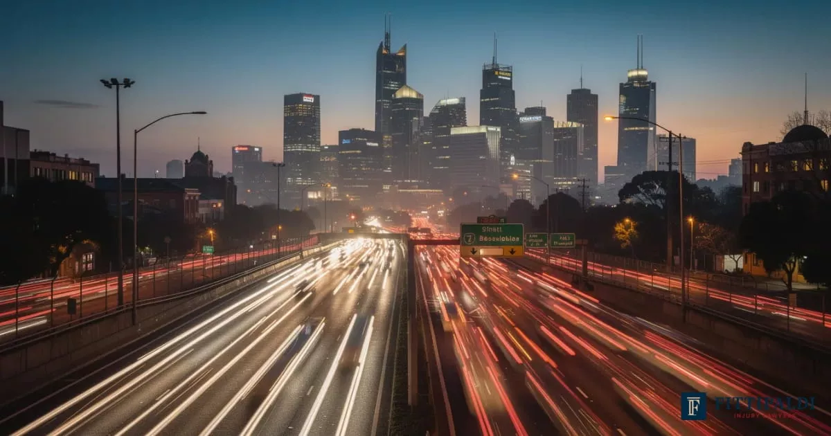 melbourne-road-accident-claim Traffic on a major Melbourne road with the city skyline in the background